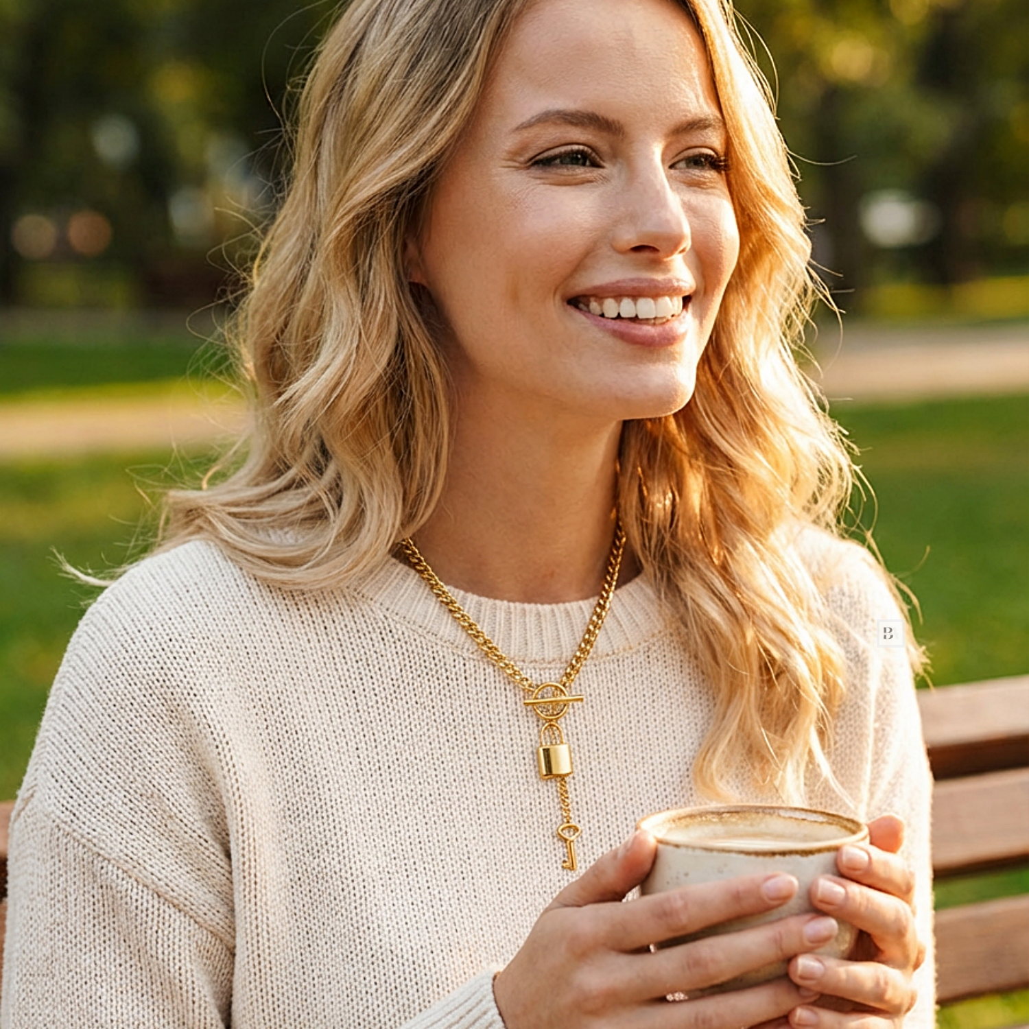 Woman wearing necklace holding a cup outdoors with a blurred natural background