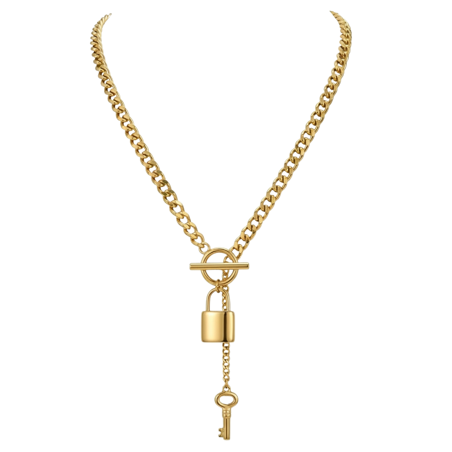 Gold necklace with padlock and key pendant on a white background