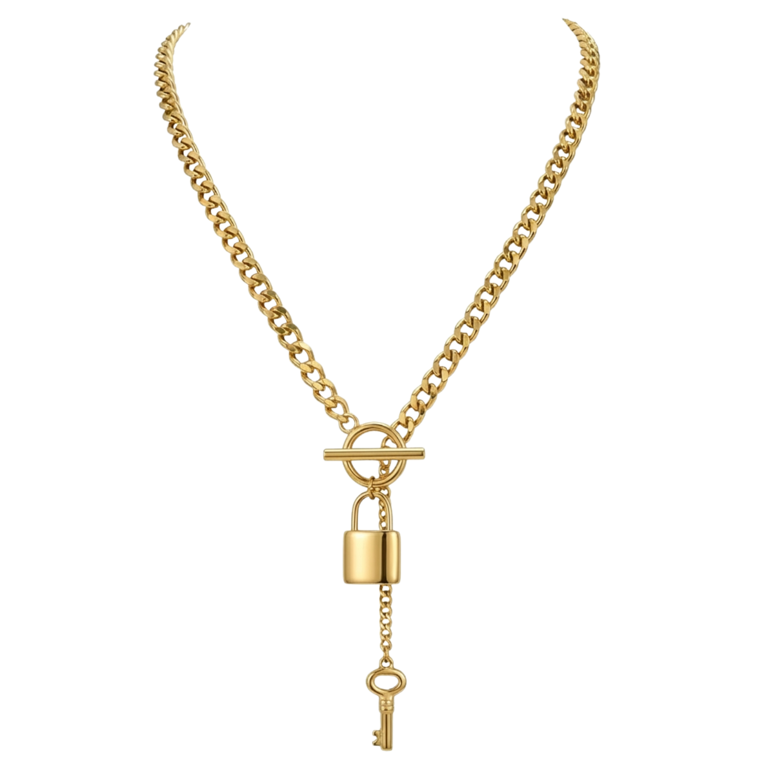 Gold necklace with padlock and key pendant on a white background