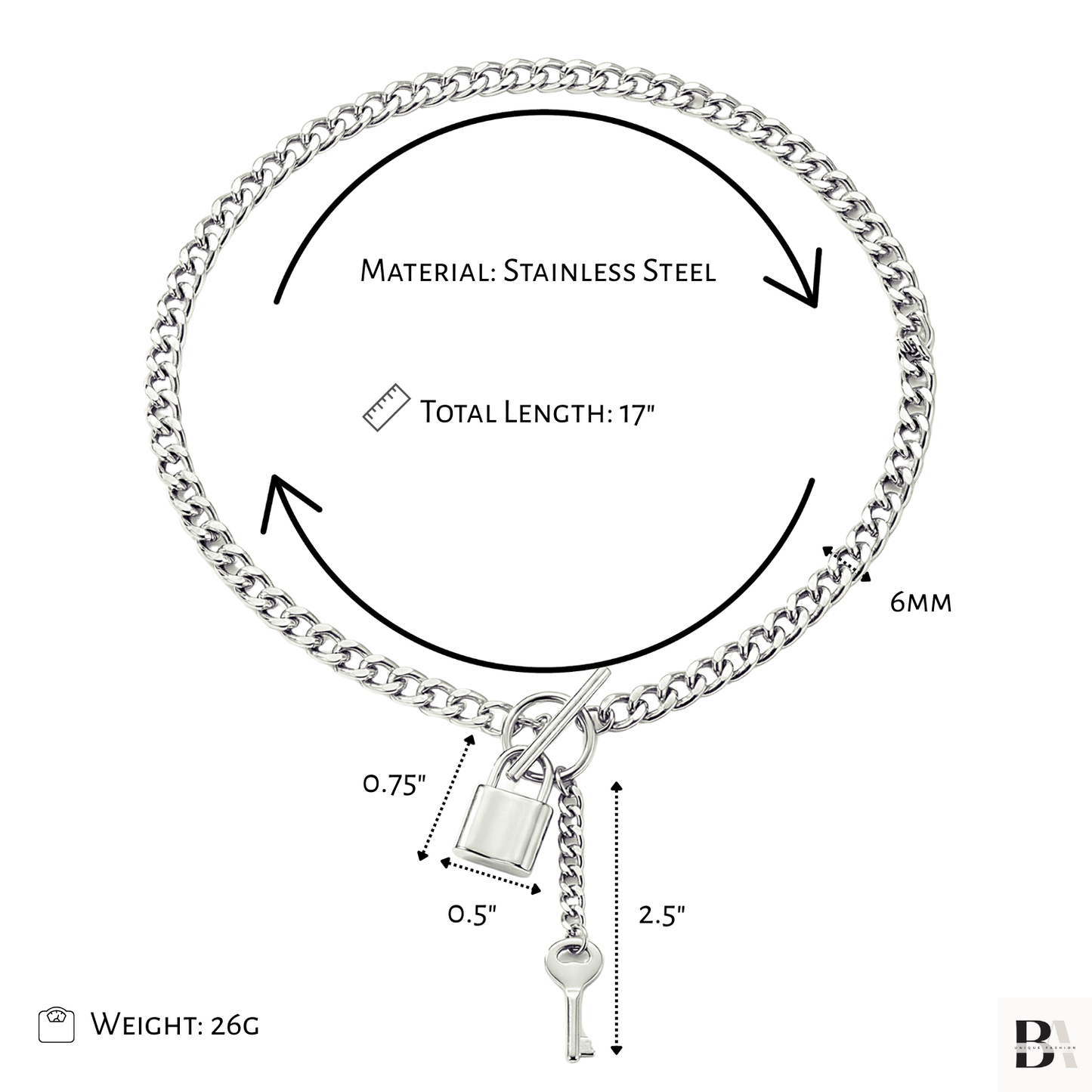 Silver chain bracelet with padlock and key charm, showing measurements and material details on a white background.