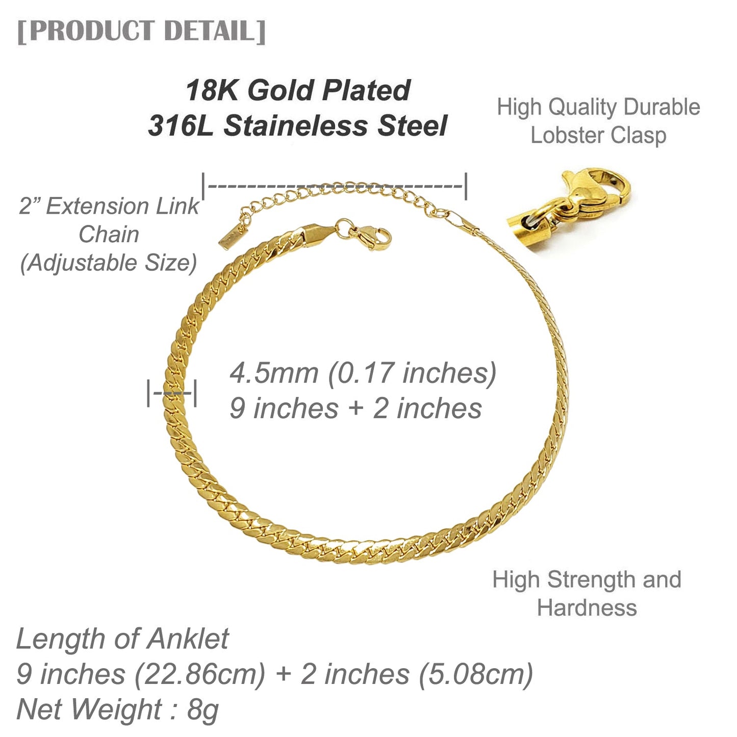 Gold anklet with detailed specifications on a white background