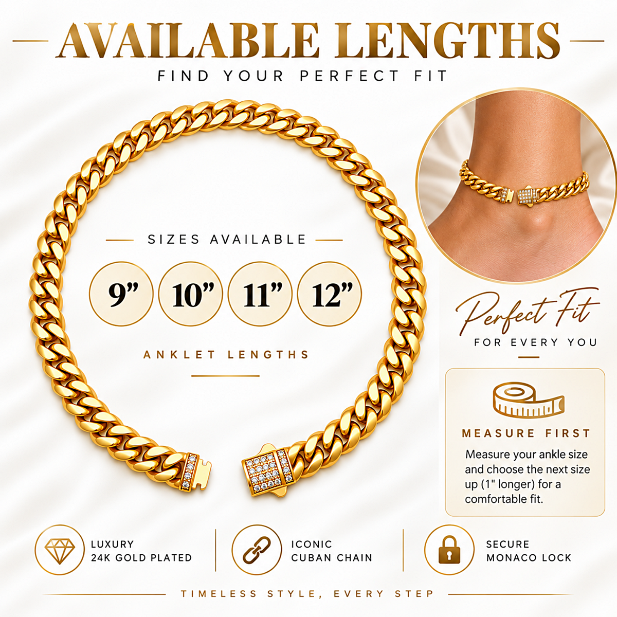 Gold-toned anklet chain bracelet with a lobster clasp and pavé crystal details, shown on a white background with fit information, size options from 9 to 12 inches, a close-up of the bracelet worn on a foot, and feature callouts.