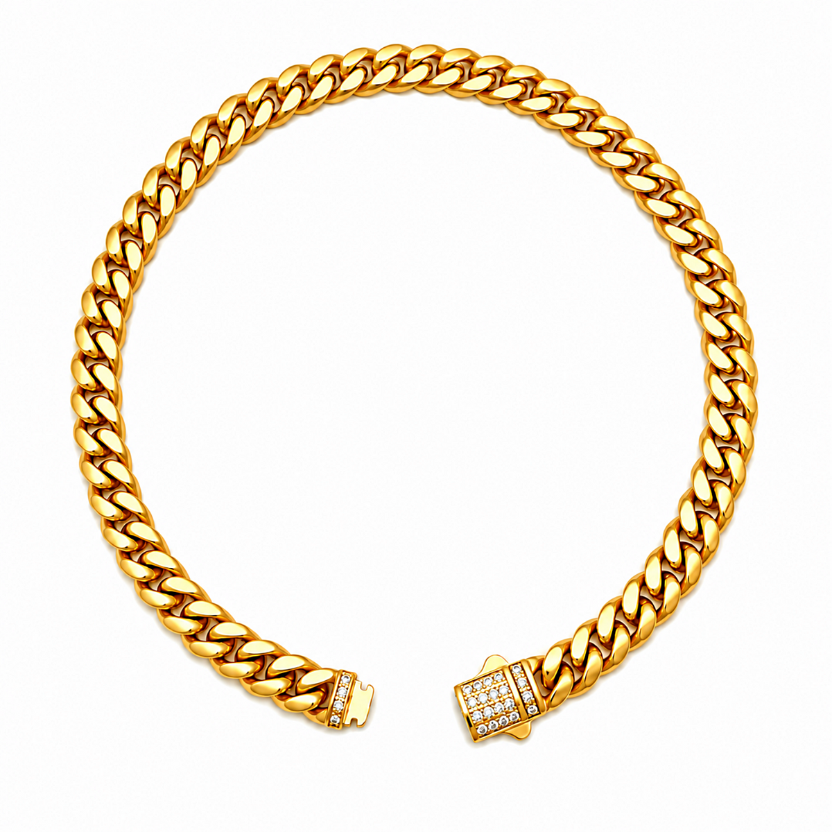 A thick gold Cuban link chain necklace with a clasp adorned with small clear stones, shown on a plain white background.