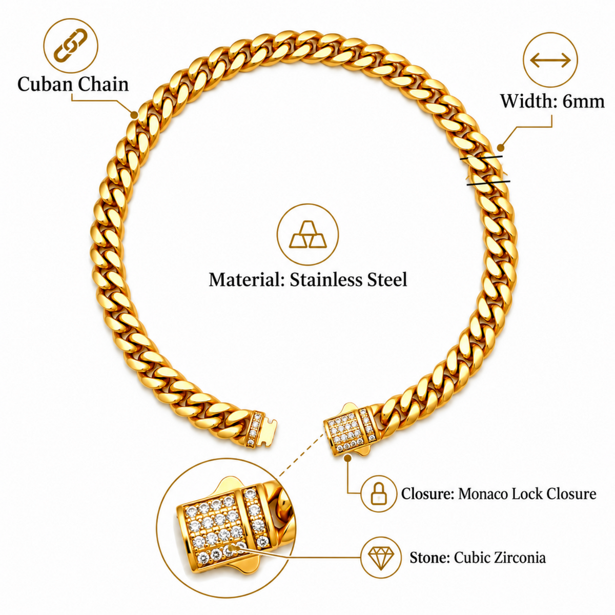 Gold-toned stainless steel Cuban link chain bracelet with callout labels showing the chain style, 6 mm width, stainless steel material, Monaco lock closure, and cubic zirconia stones.