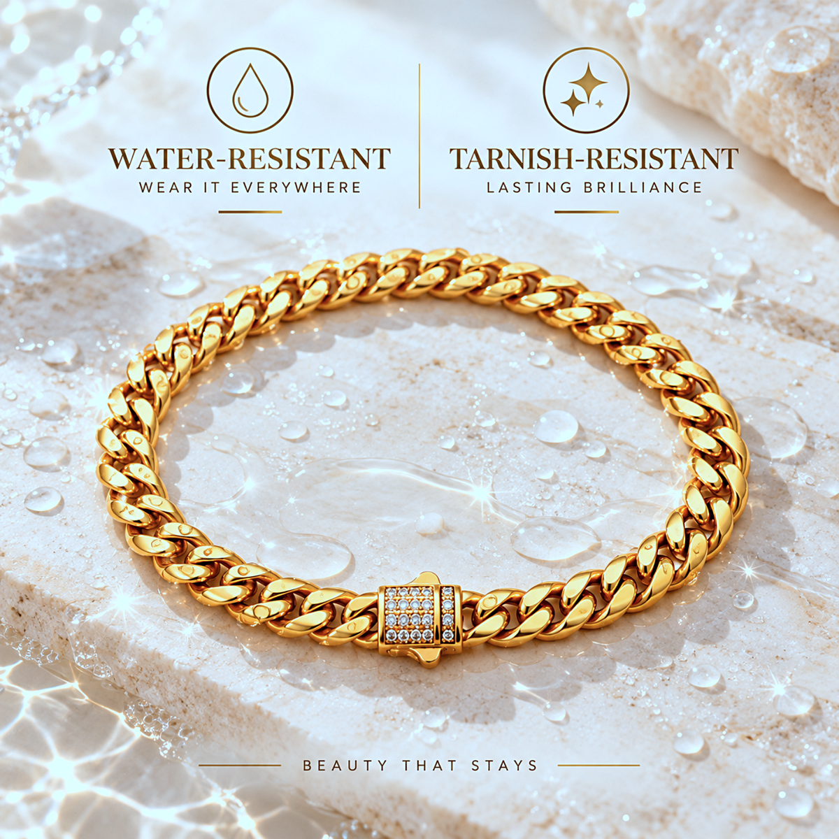 A gold-tone Cuban link bracelet with a square pave-set clasp, displayed on a textured stone surface with water droplets. The image includes marketing text overlays reading 'WATER-RESISTANT WEAR IT EVERYWHERE' and 'TARNISH-RESISTANT LASTING BRILLIANCE'.