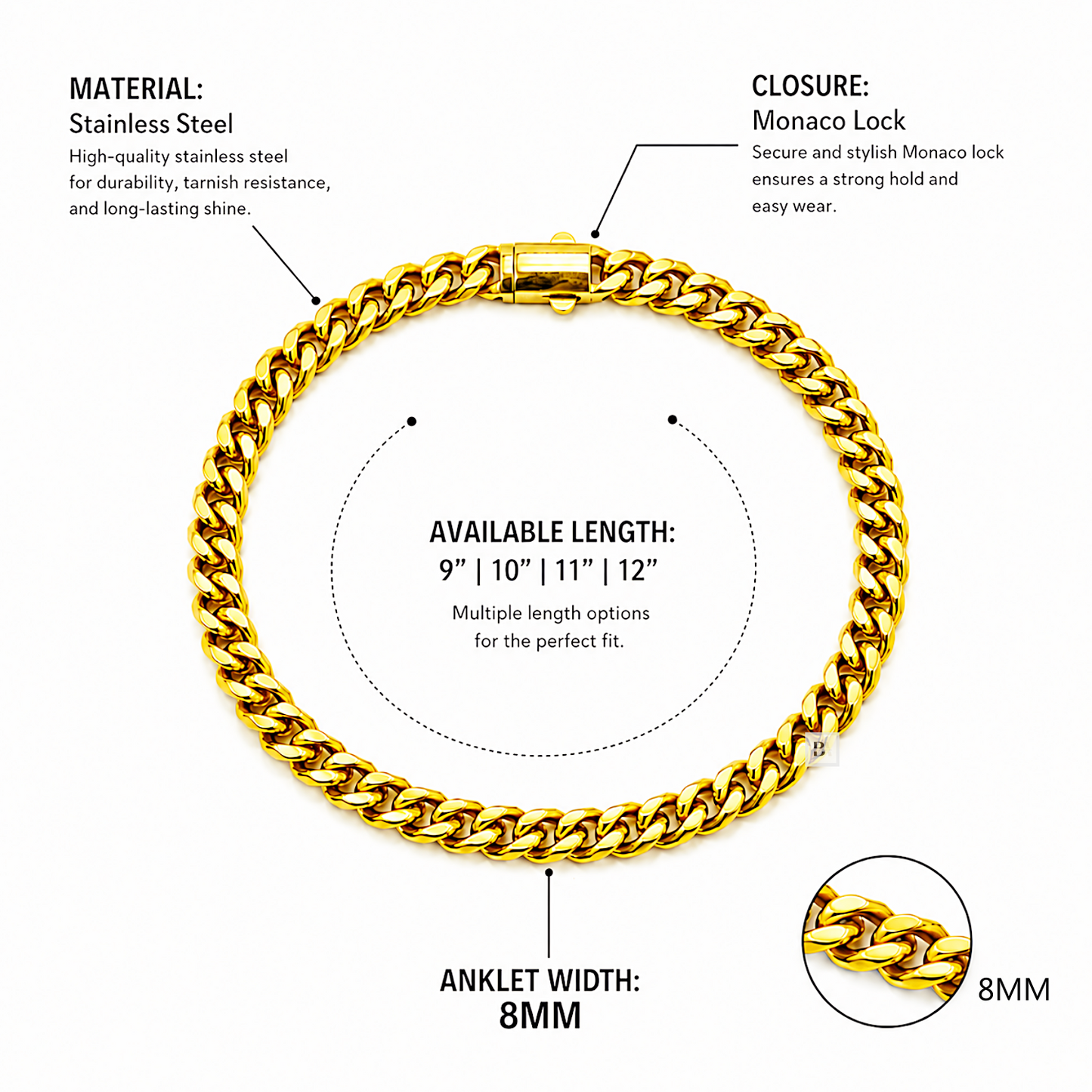 Gold stainless steel Cuban link chain bracelet with annotations detailing its material, closure, available lengths, and anklet width on a white background.