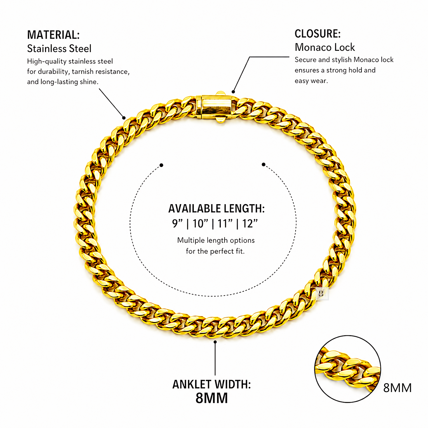 Gold stainless steel Cuban link chain bracelet with annotations detailing its material, closure, available lengths, and anklet width on a white background.