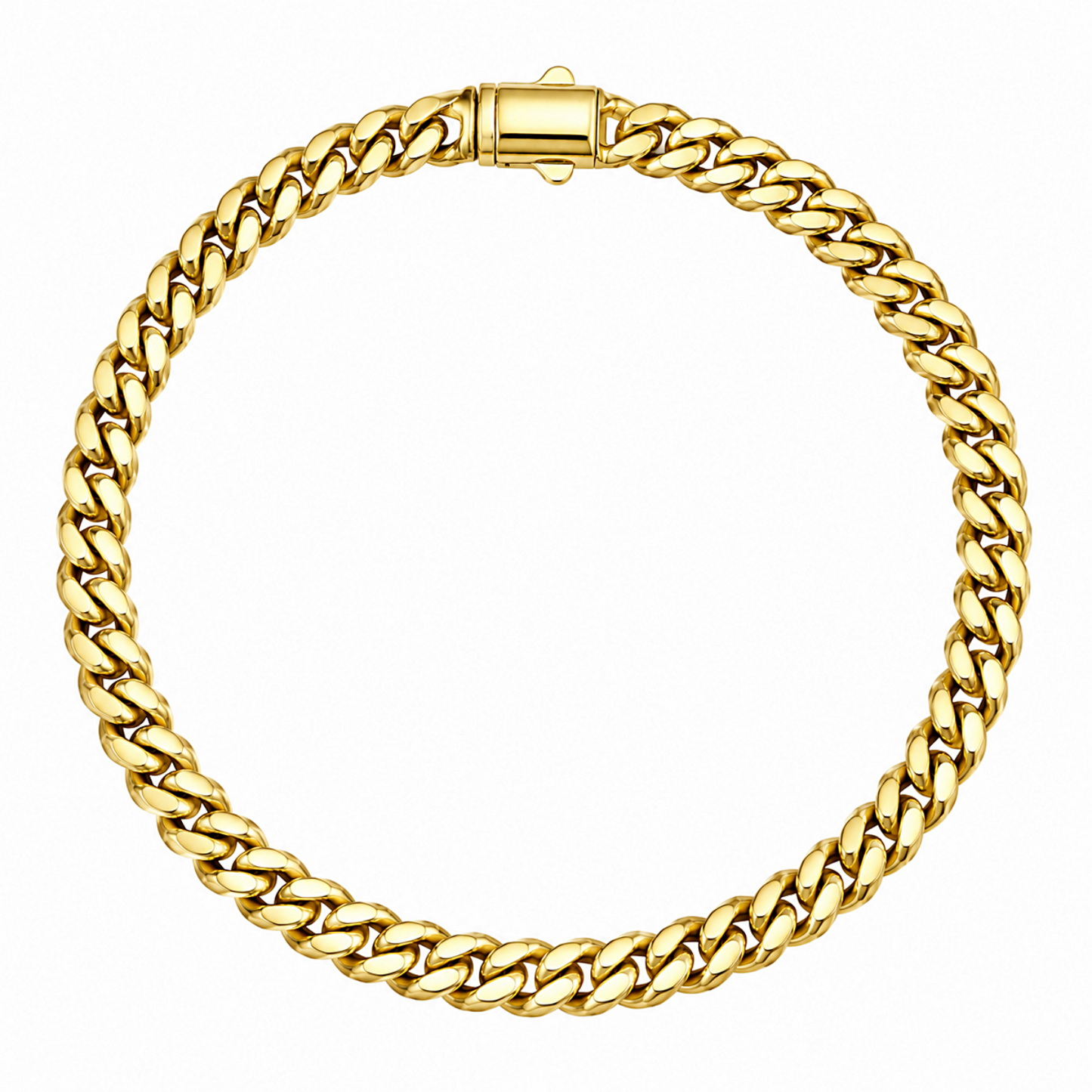 A thick, polished yellow gold Cuban link chain bracelet arranged in a circle on a solid white background.