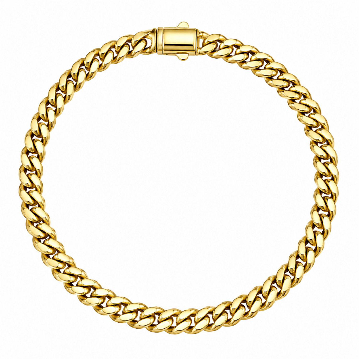 A thick, polished yellow gold Cuban link chain bracelet arranged in a circle on a solid white background.