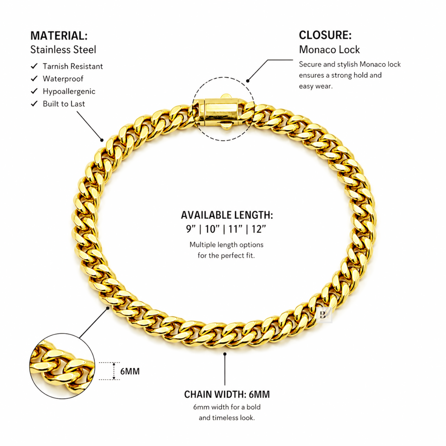 A gold-toned stainless steel curb chain bracelet with informational callouts showing material, closure, available lengths, chain width, and a 6mm close-up inset on a white background.