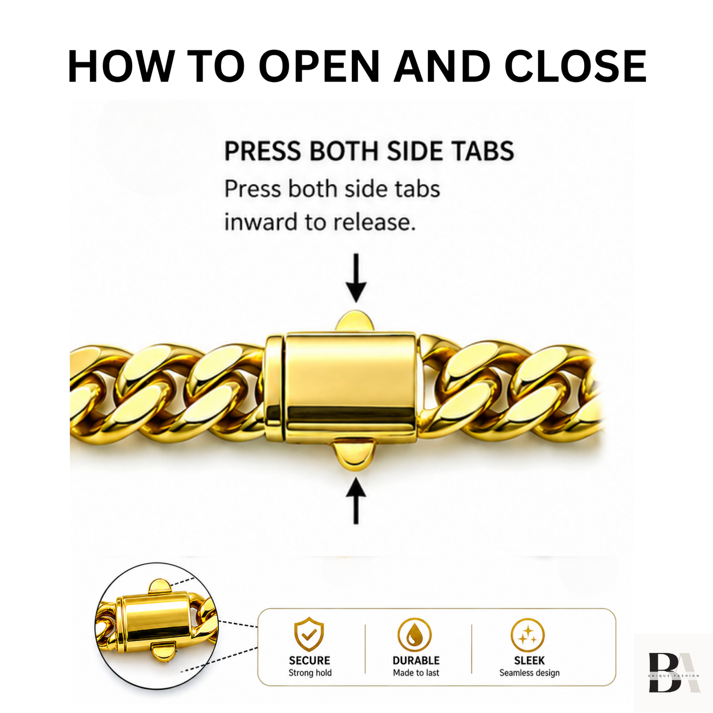 Instruction graphic showing how to open and close a gold-tone chain bracelet clasp. The main image displays a close-up of the clasp with arrows pointing inward to release it, and text reads 'PRESS BOTH SIDE TABS'.