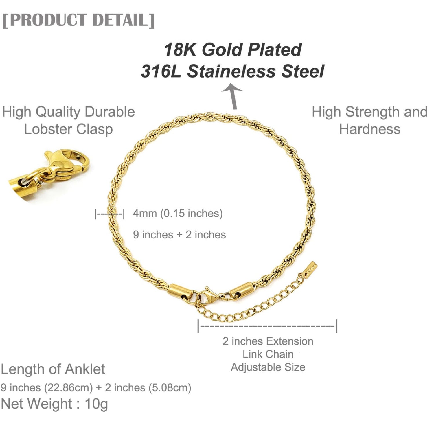 Gold anklet with lobster clasp and detailed specifications on a white background