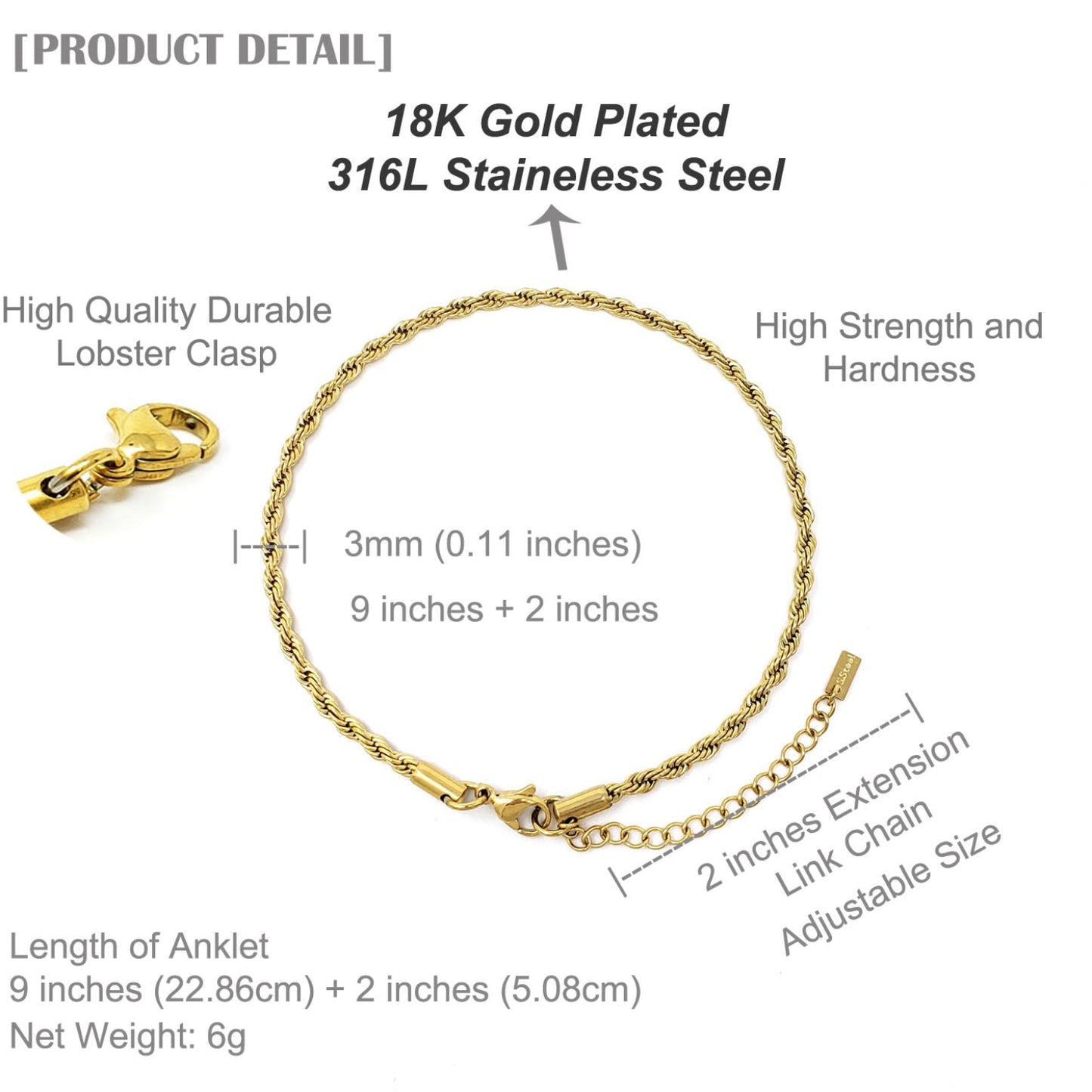 Gold bracelet with detailed specifications on a white background