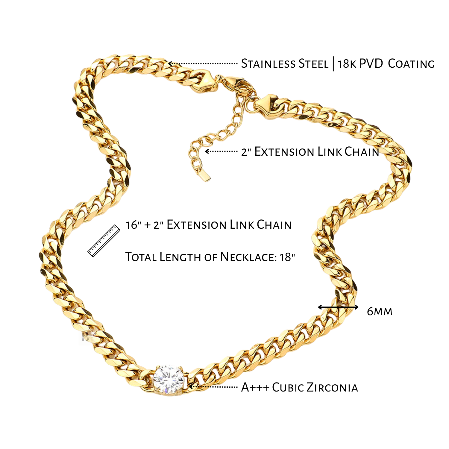Gold chain necklace with cubic zirconia on a white background