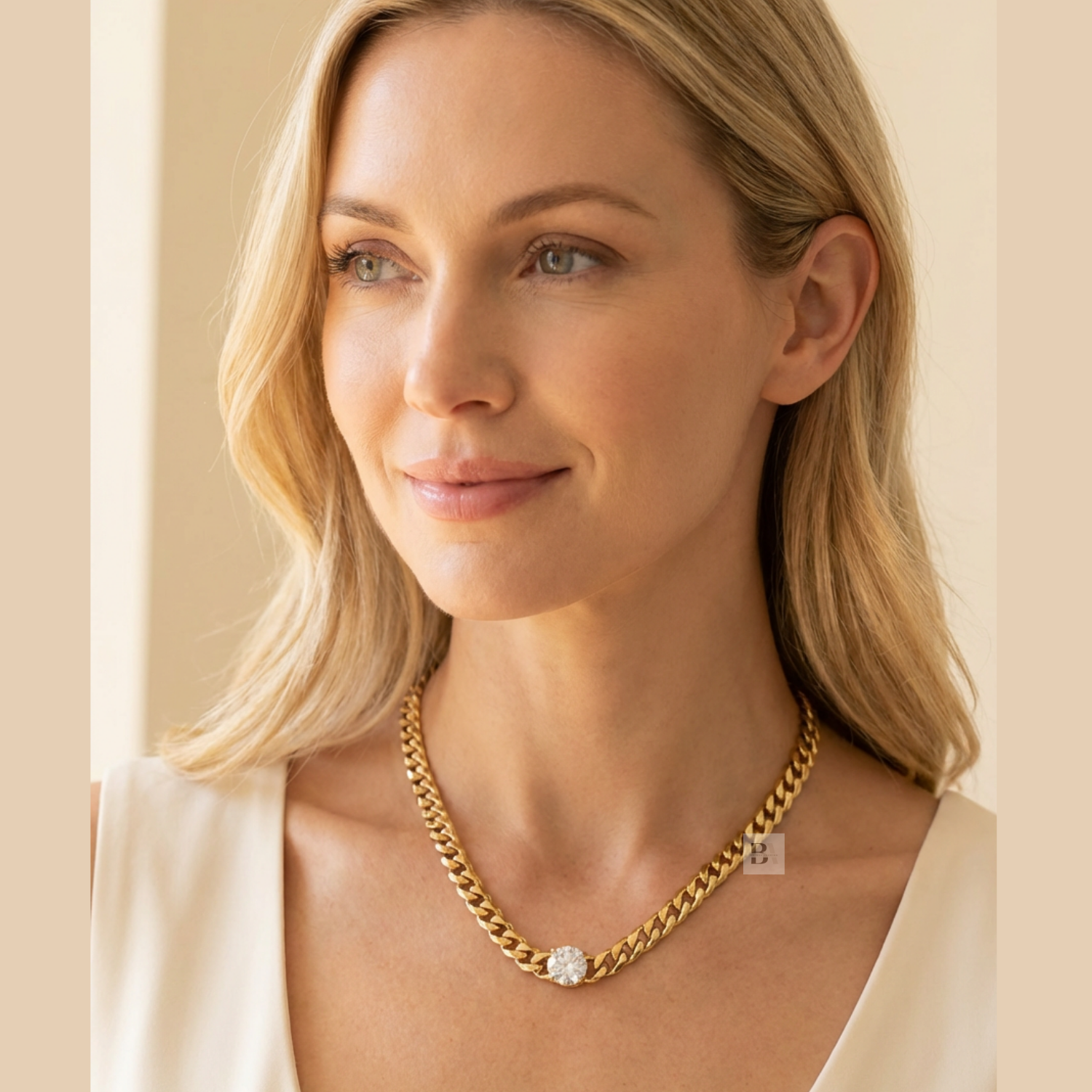 Woman wearing a gold chain necklace with a diamond pendant against a neutral background