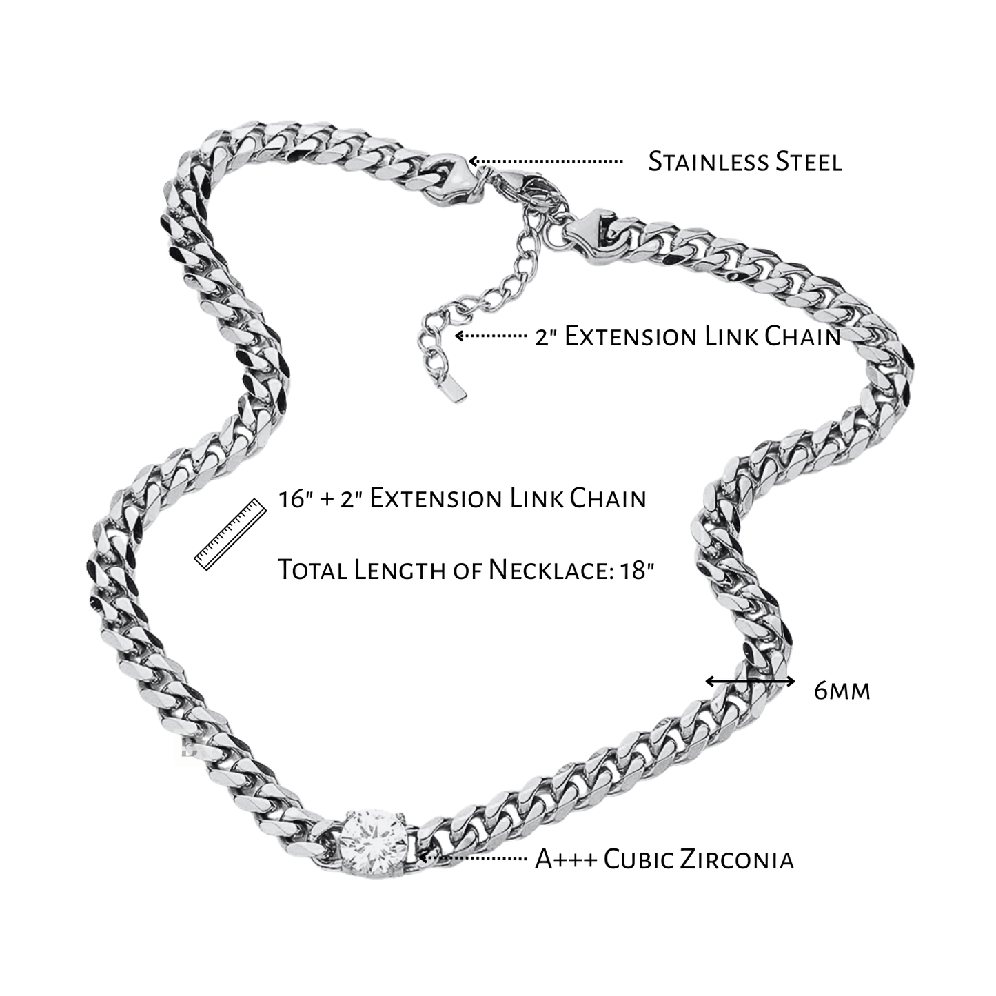 Silver chain necklace with measurements and material details on a white background