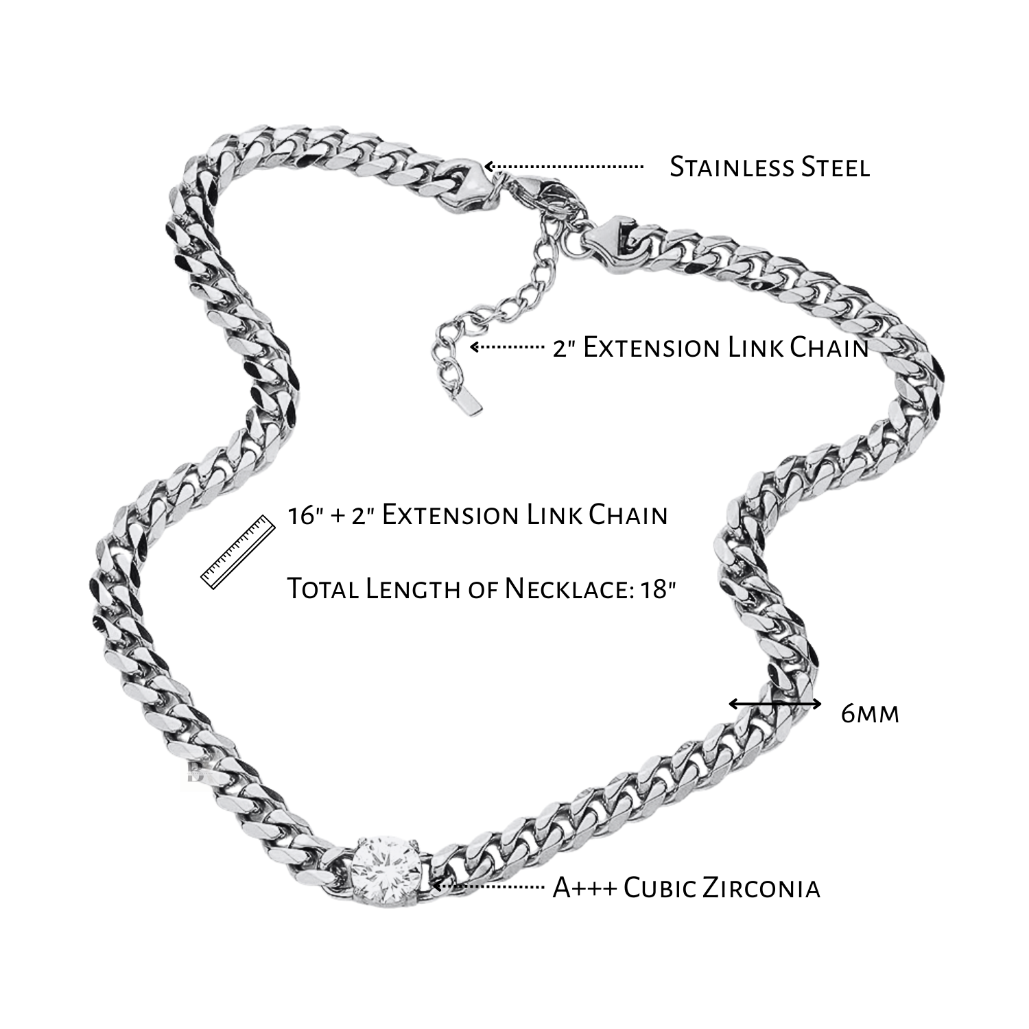 Silver chain necklace with measurements and material details on a white background