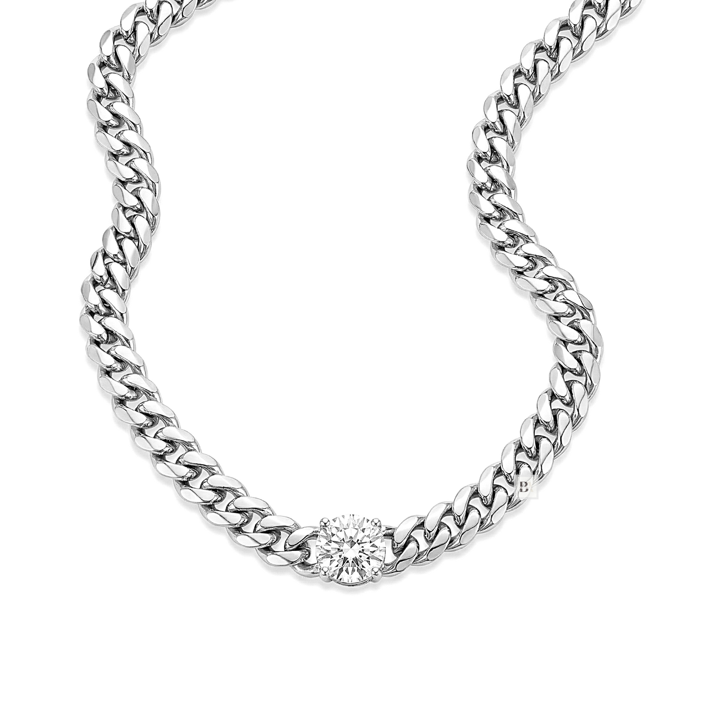 Silver chain necklace with a diamond on a white background