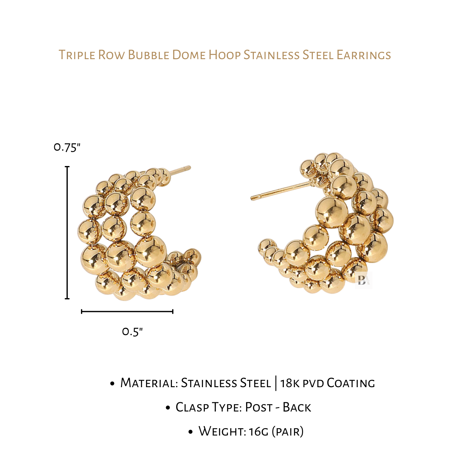 Gold hoop earrings with measurements and material details on a white background