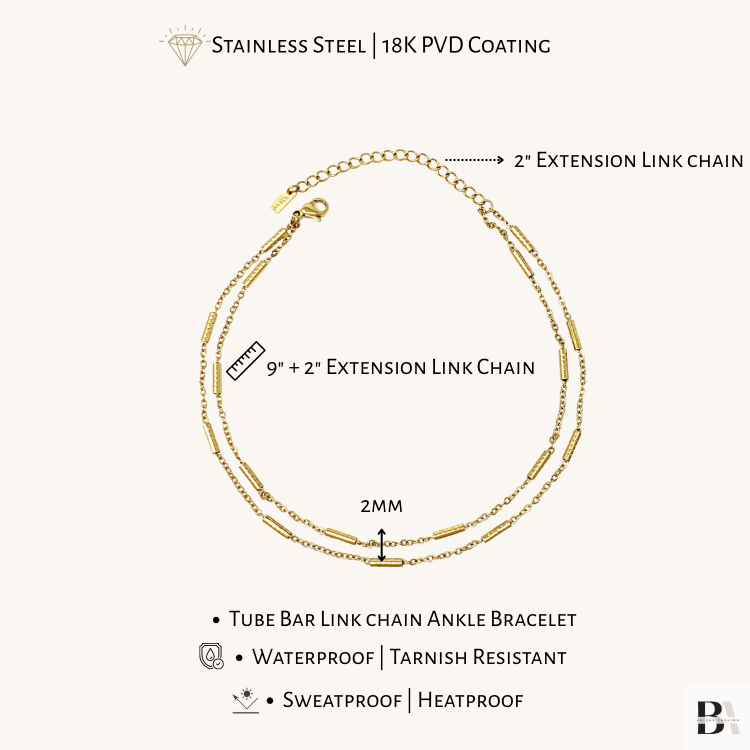 Gold ankle bracelet with chain details on a white background