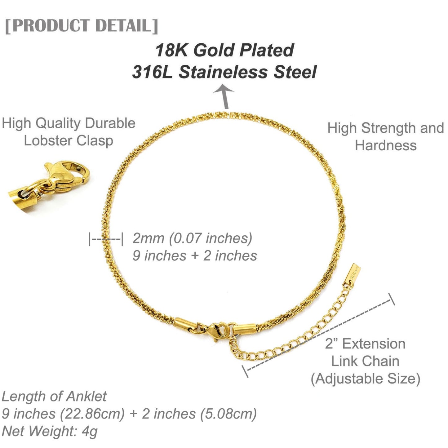Gold anklet with detailed specifications on a white background