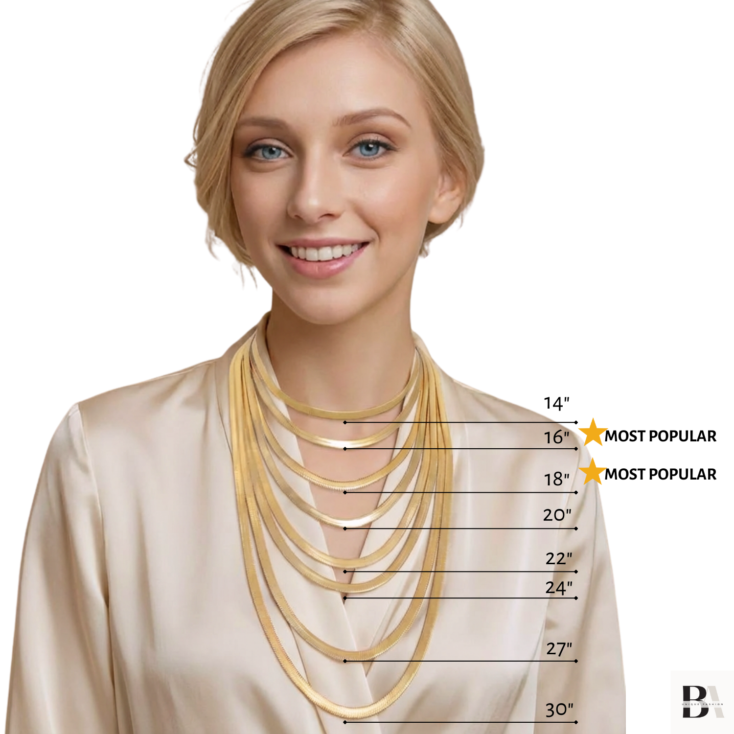 Woman wearing a gold necklace with measurement chart on a white background