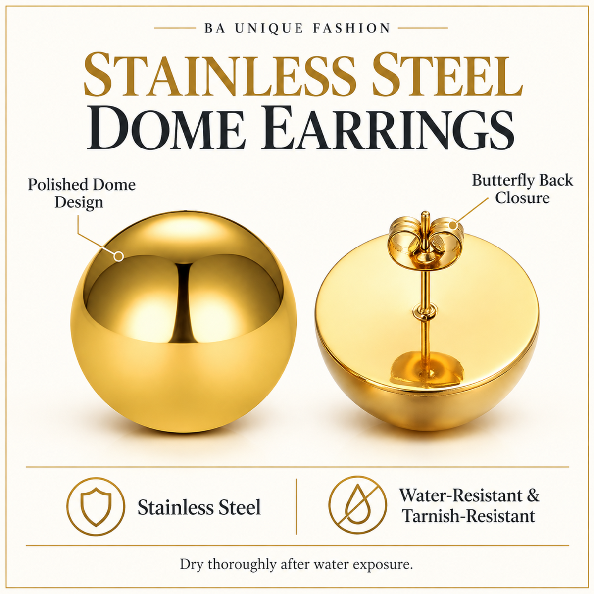 Showing stainless steel dome earring's material information.