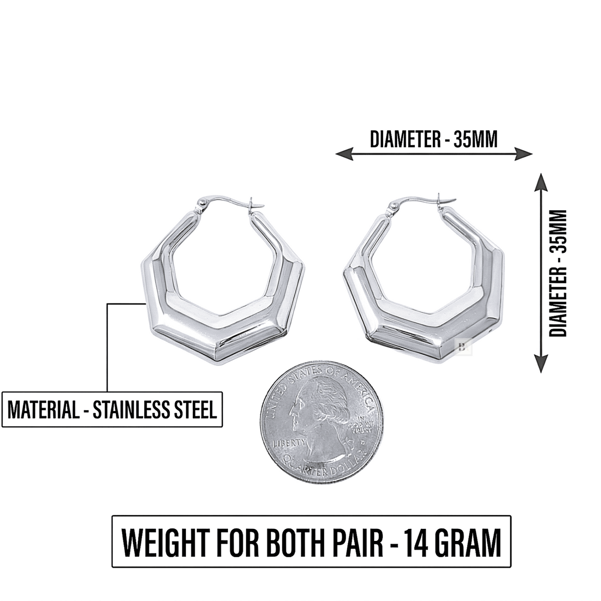 Showing Stainless steel hexagon hoop earring's size and material 