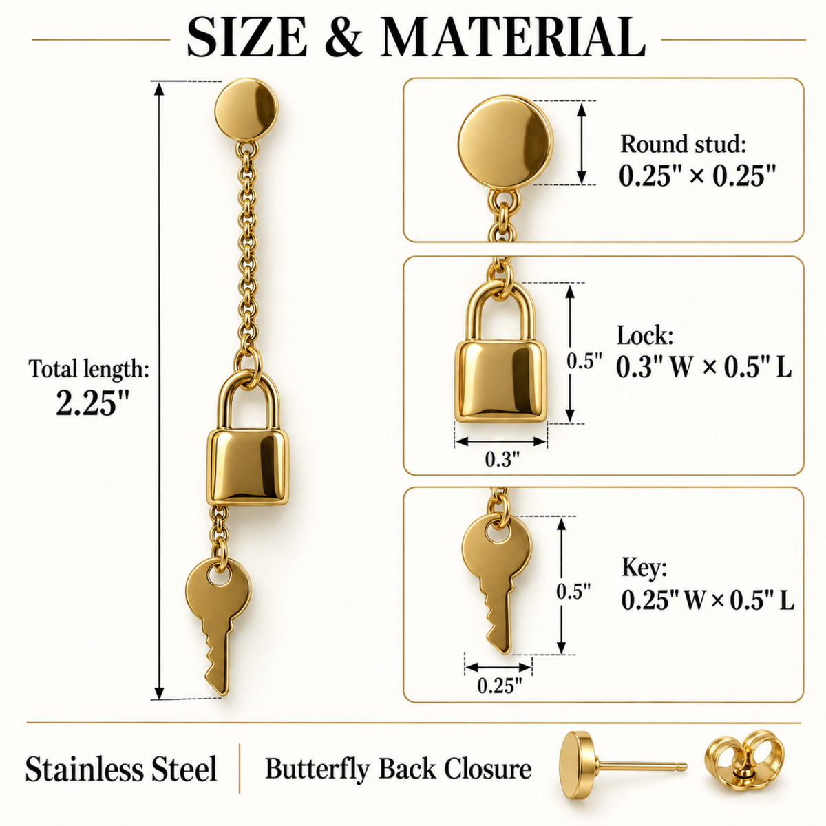 stainless steel lock and key dangling earring's size inforation.