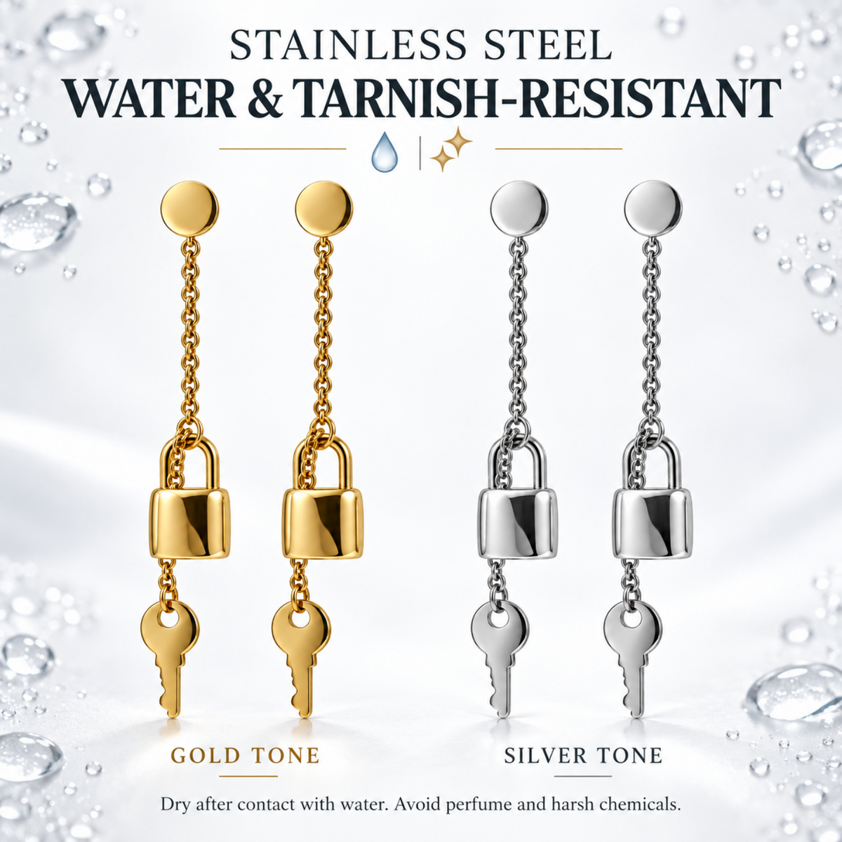 stainless steel lock and key earring is water and tarnish resistant gold and silver tone