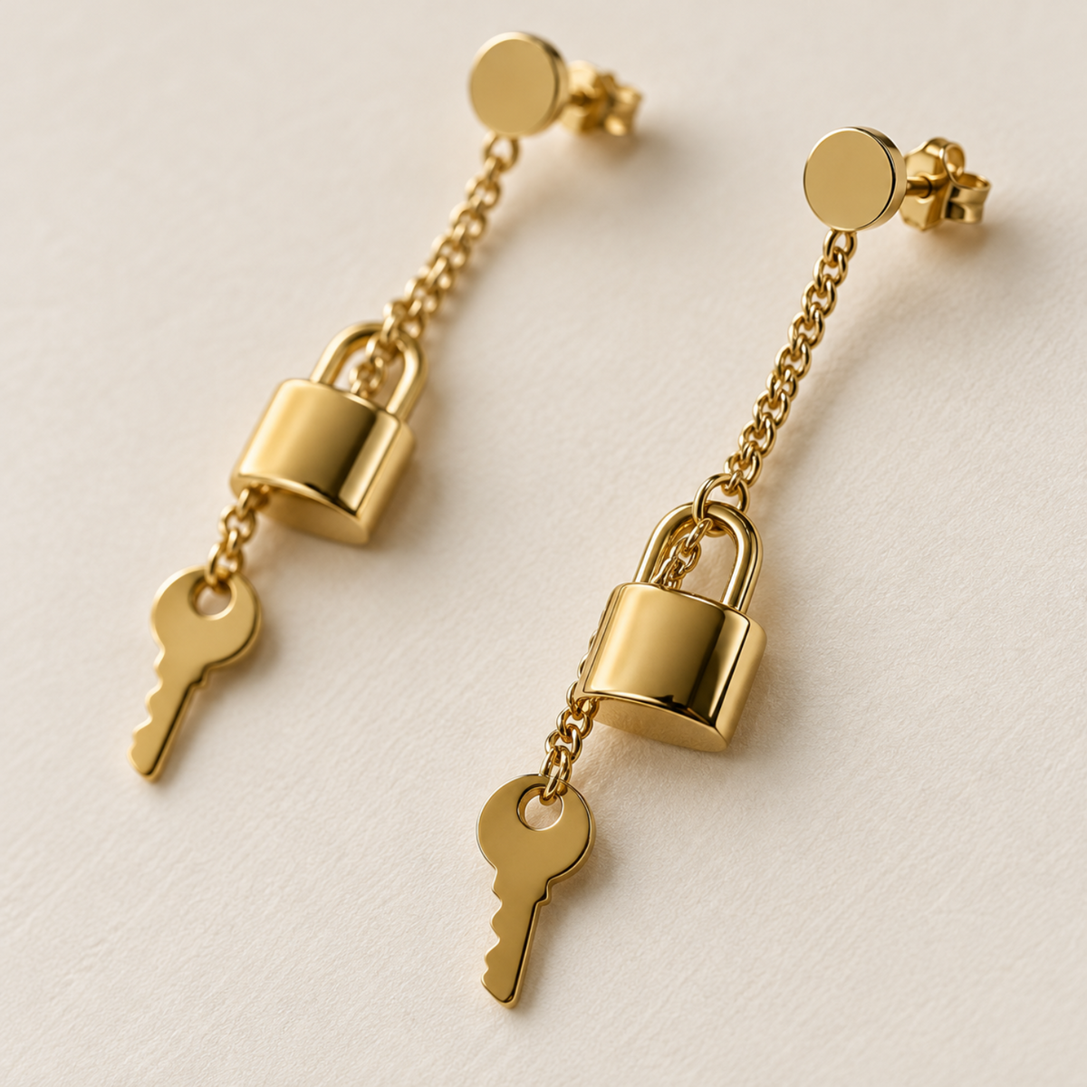Showing stainless steel lock and key earring's close up detail. 