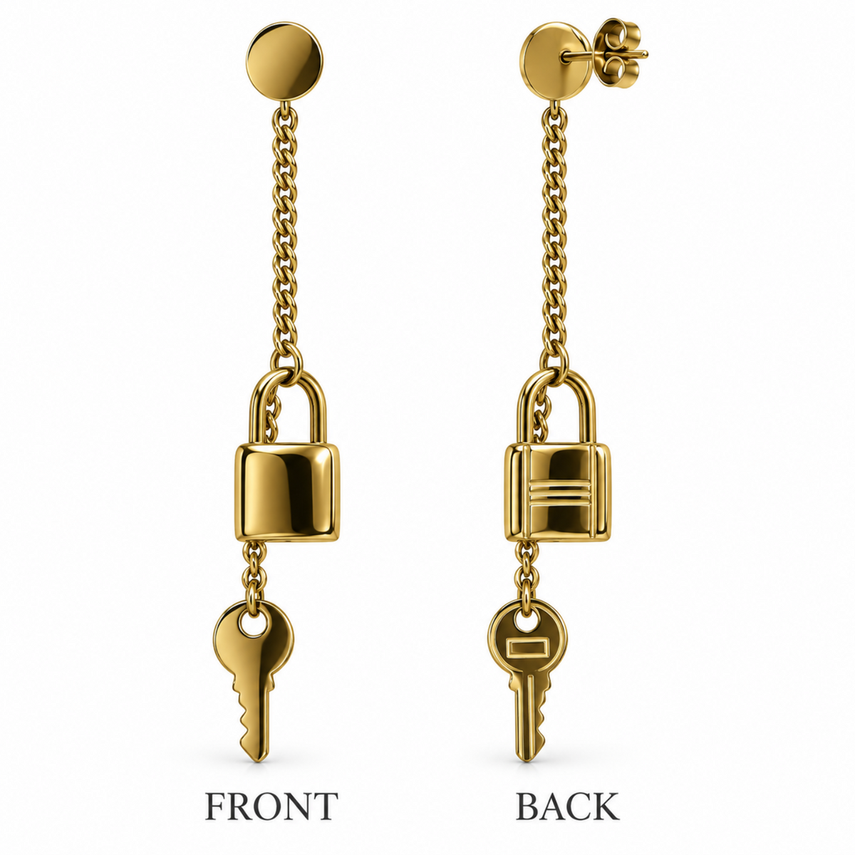 Showing stainless steel lock and key earring's front and back side