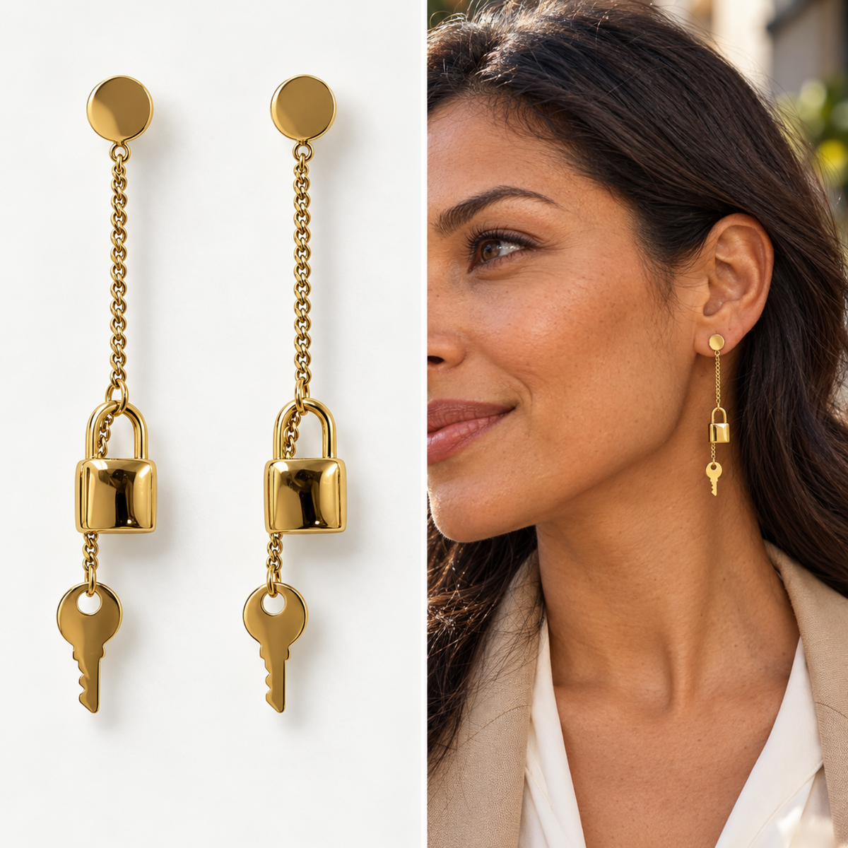 Women wearing stainless steel lock and key dangling earring