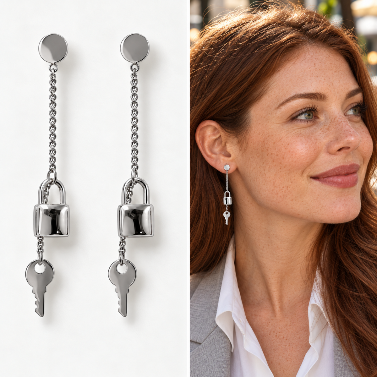 Women wearing stainless steel lock and key dangling earring in silver tone