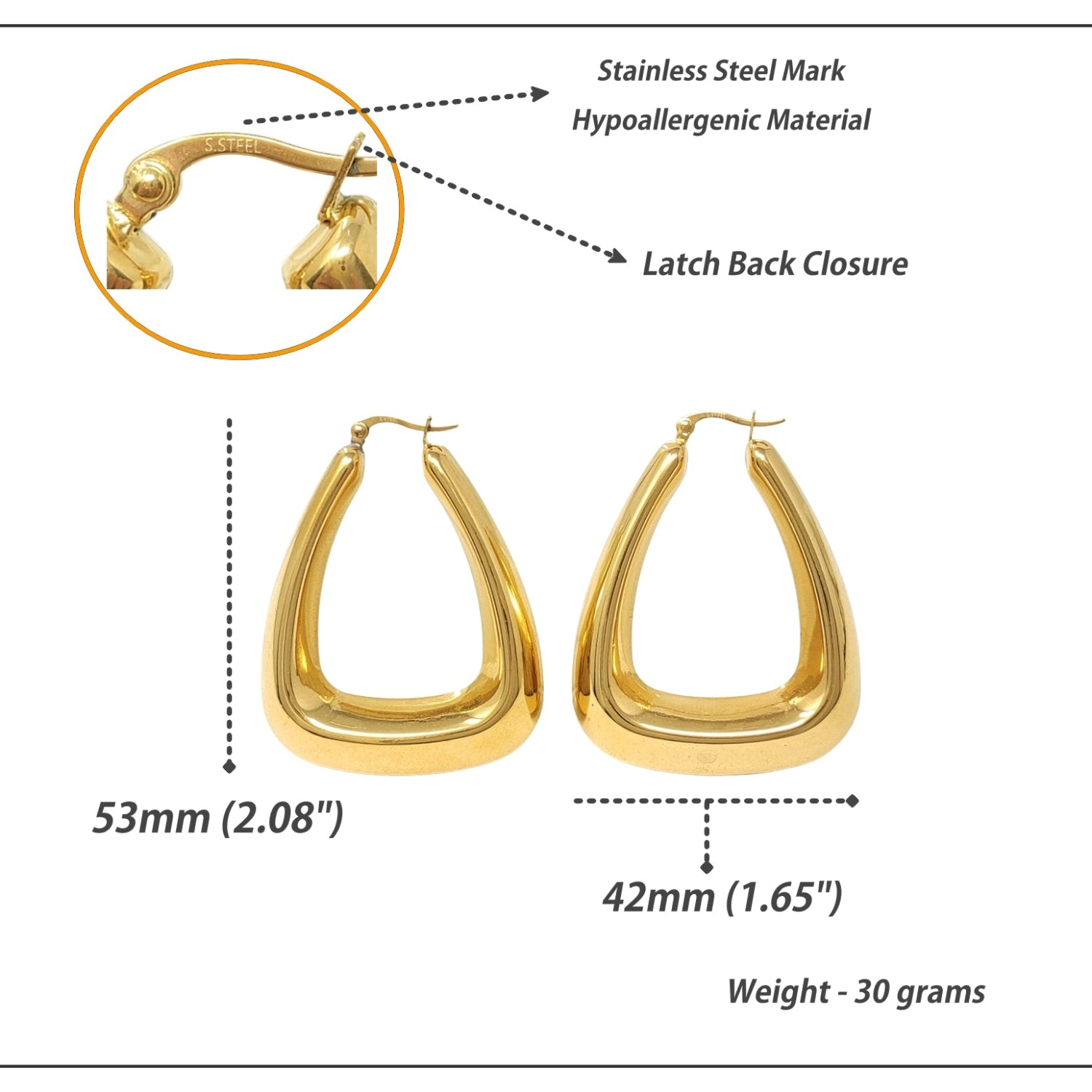 Gold hoop earrings with measurements and material details on a white background