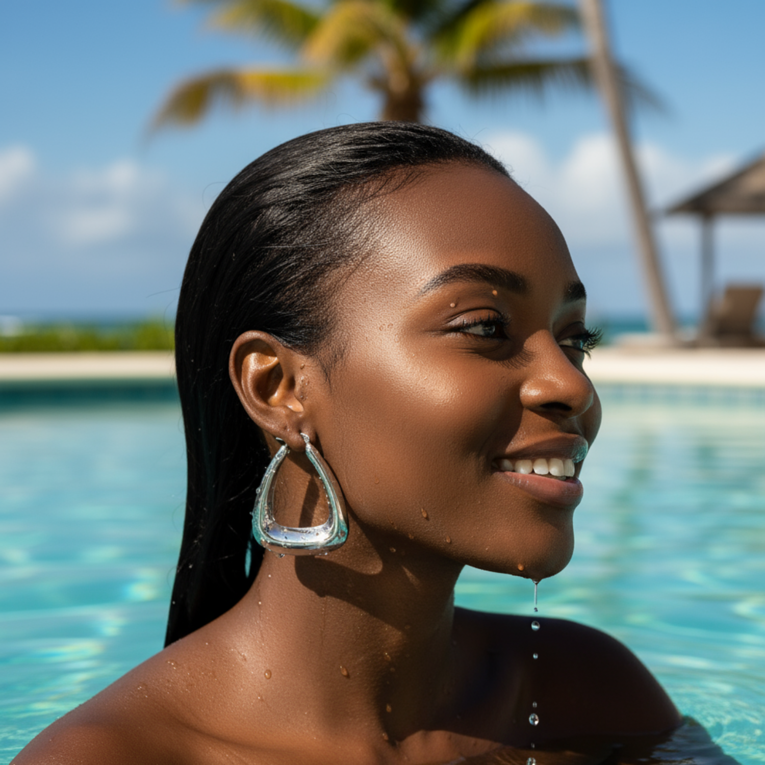 Woman wearing silver hoop earring with wet hair smiling by a pool with palm trees in the background