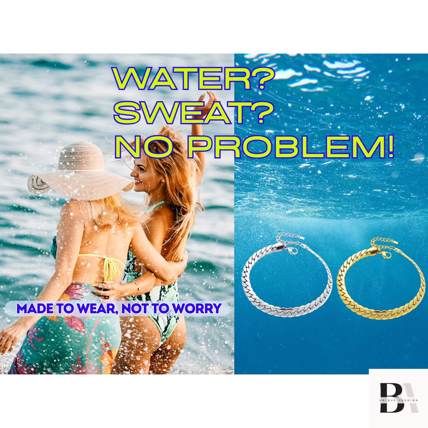 Two bracelets, one silver and one gold, with text about water resistance and a beach scene.
